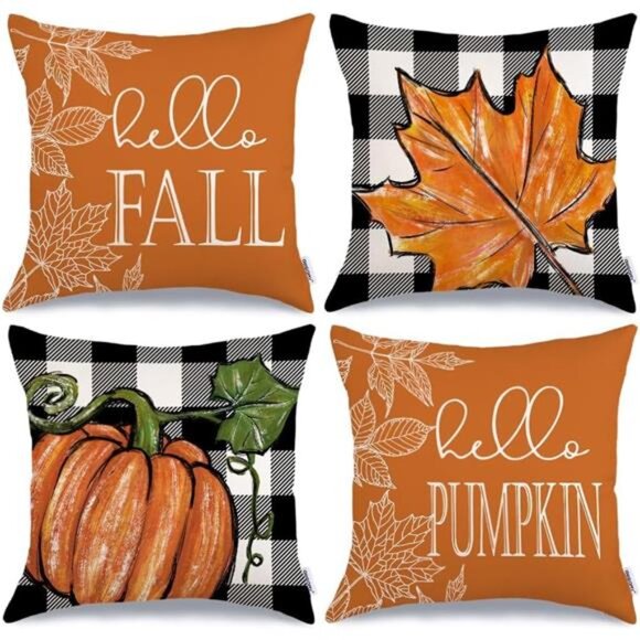 Fall Pillow Covers 18x18 Set of 4, Buffalo Plaid Pumpkin and Maple Leaves Autumn - Picture 1 of 7